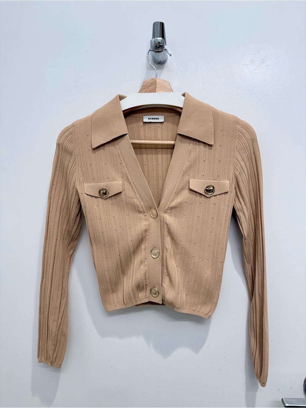 Sandro Camel Ribbed Knit Button-Front Top